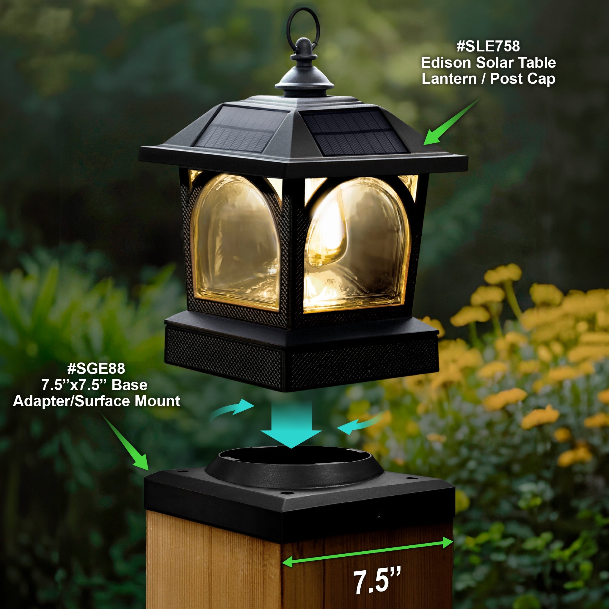 Edison Solar Post Cap + 7.5"x7.5" (8x8 Nominal) Adapter