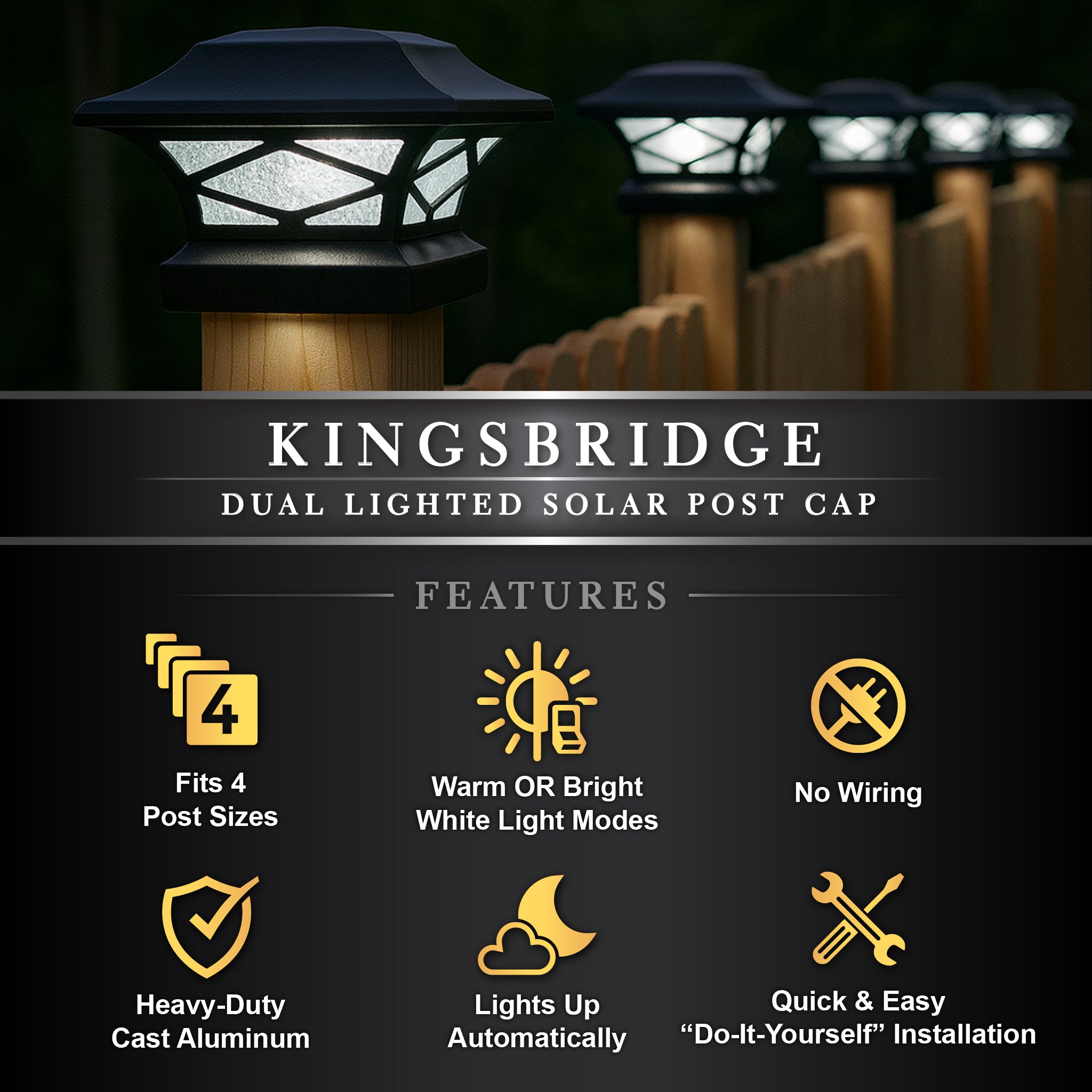 Kingsbridge Dual Lighted Solar Post Cap - Black