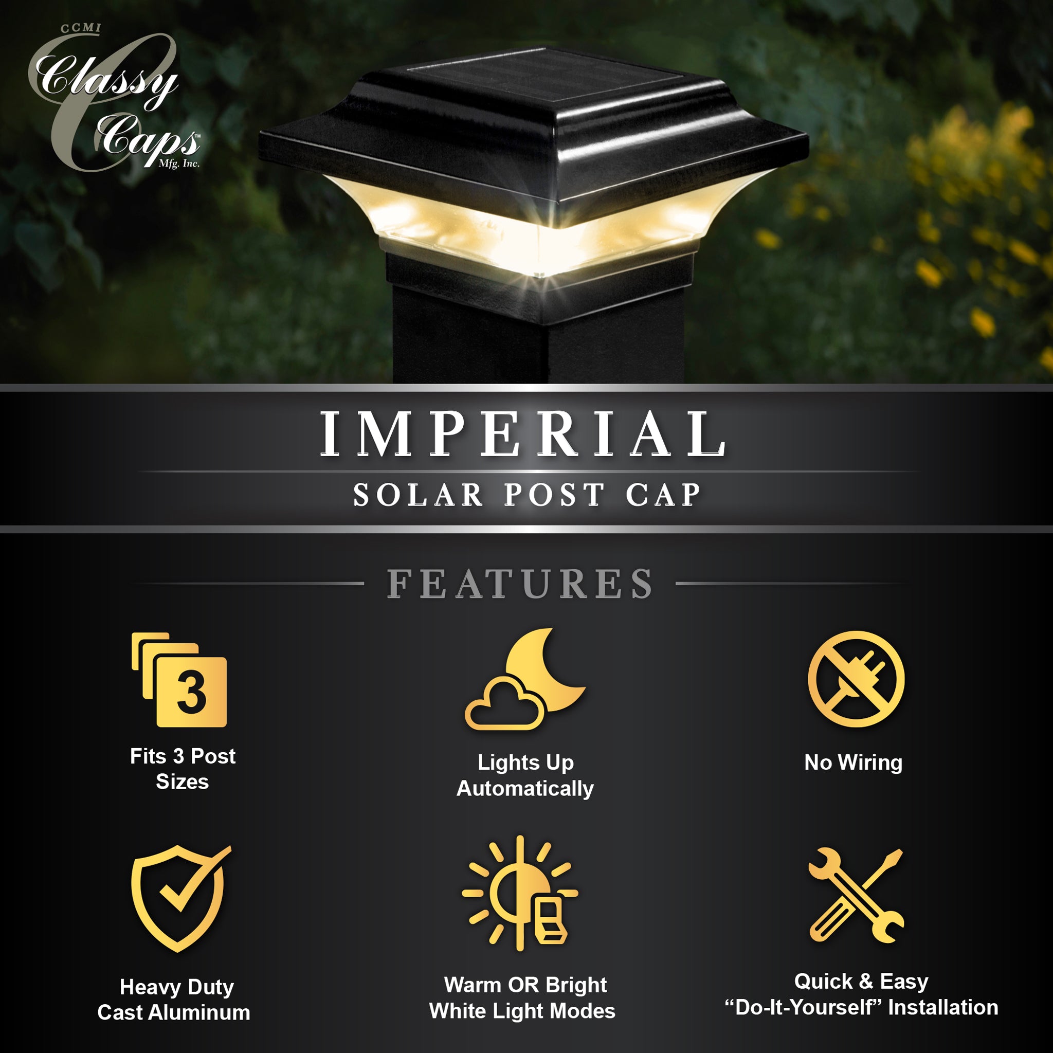 Tapa de poste solar imperial - Negro con adaptador de 3"x3"