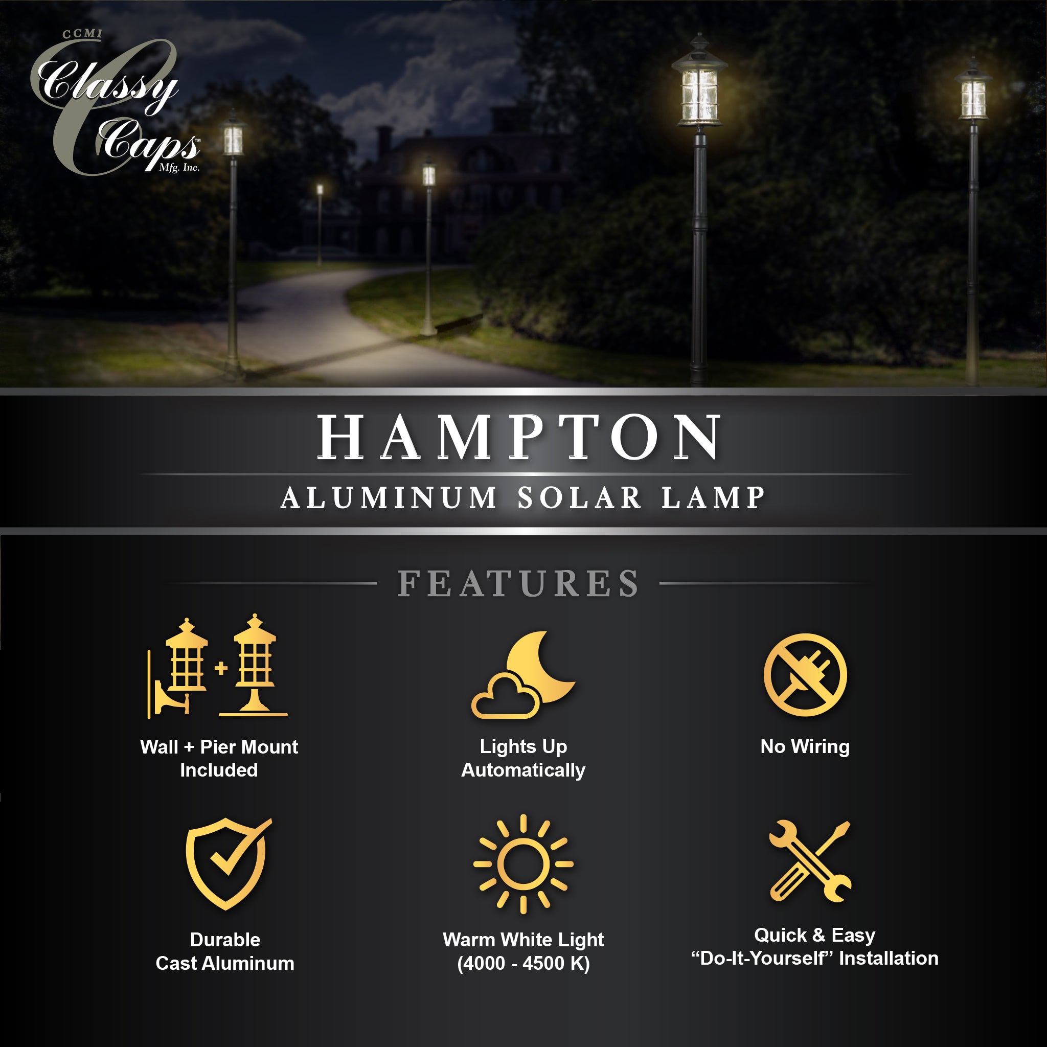 Lampe solaire Hampton en aluminium noir