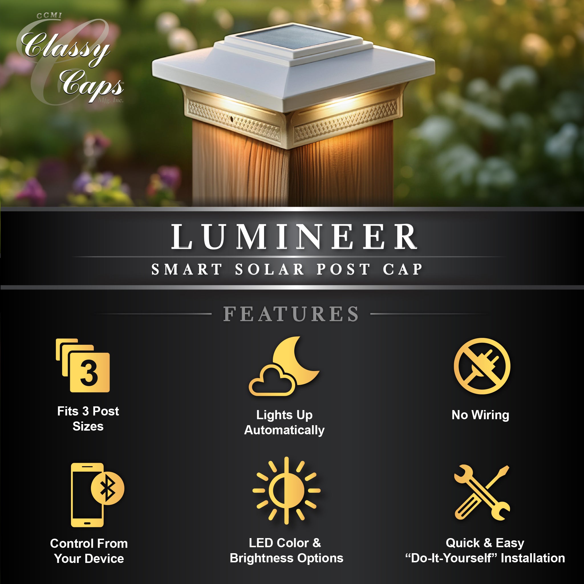 Classy Caps Capuchon de poteau solaire intelligent Lumineer
