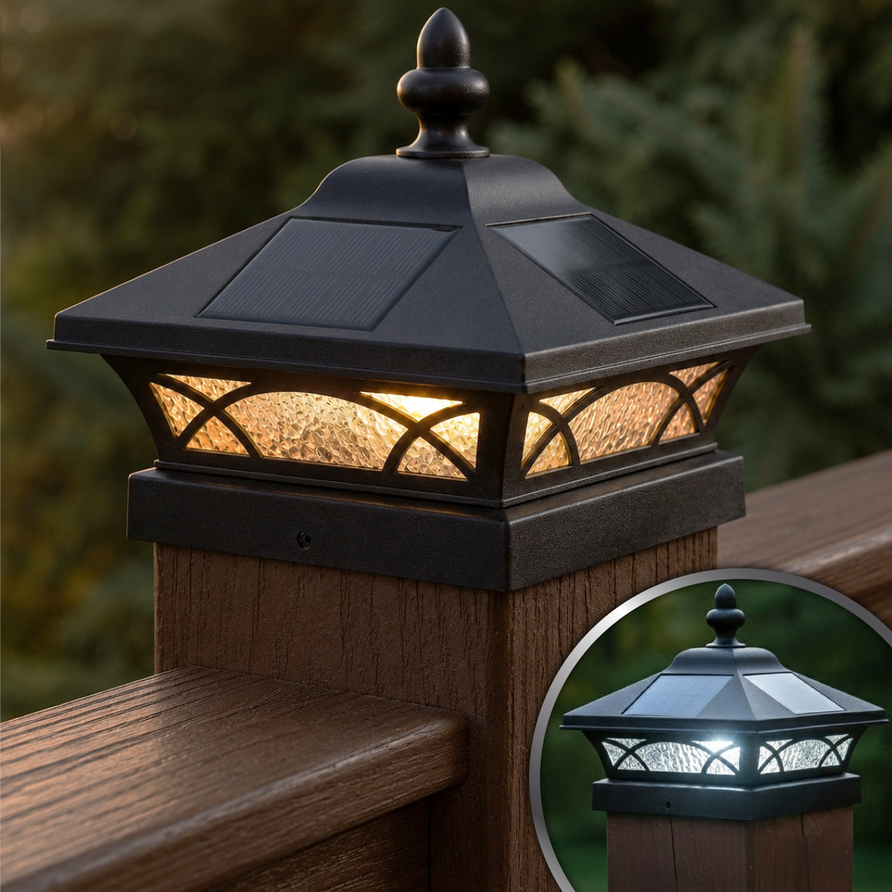 Solar-powered outdoor light fixture on a wooden post with a blurred green background