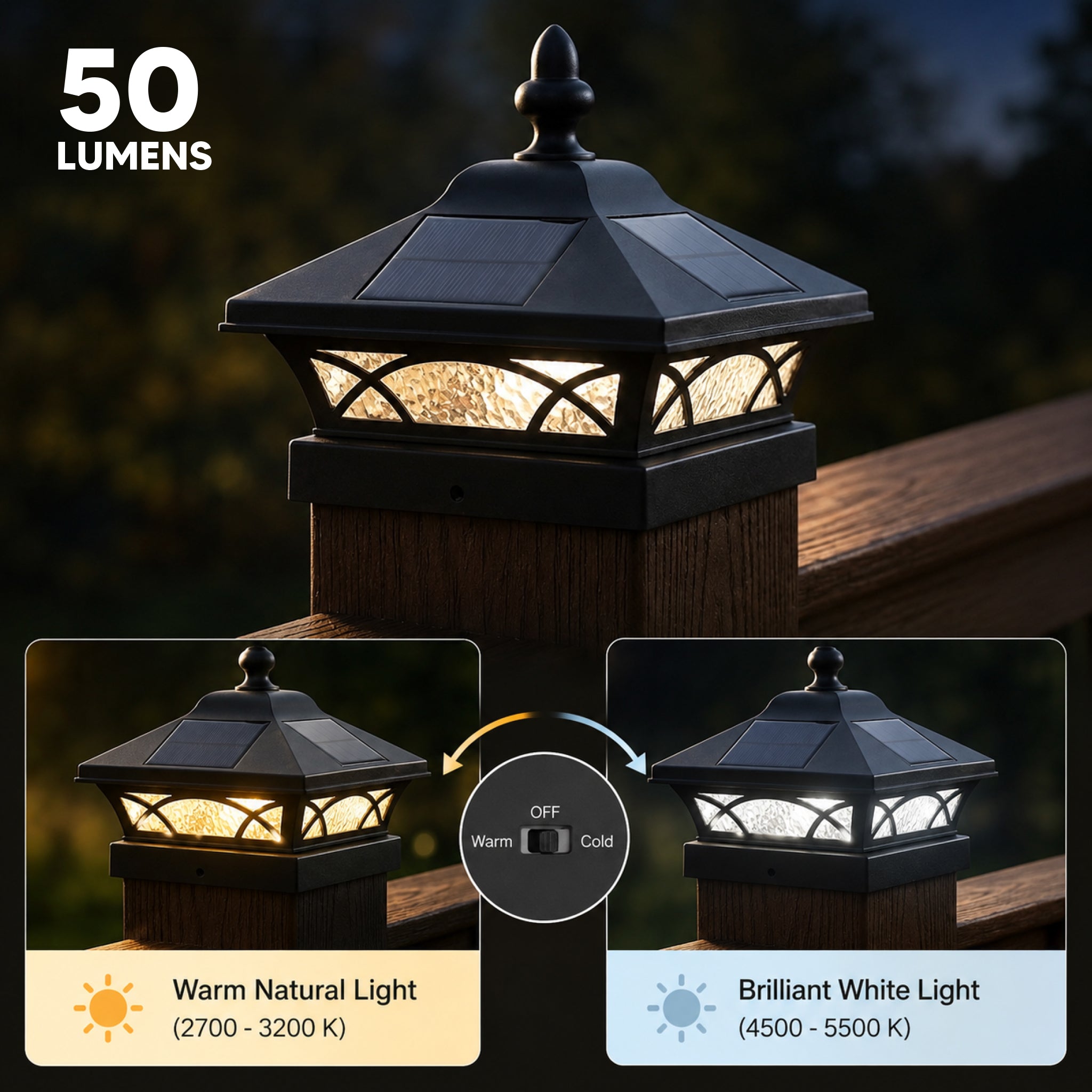 Outdoor post light with 50 lumens label, showing warm natural and brilliant white light options.