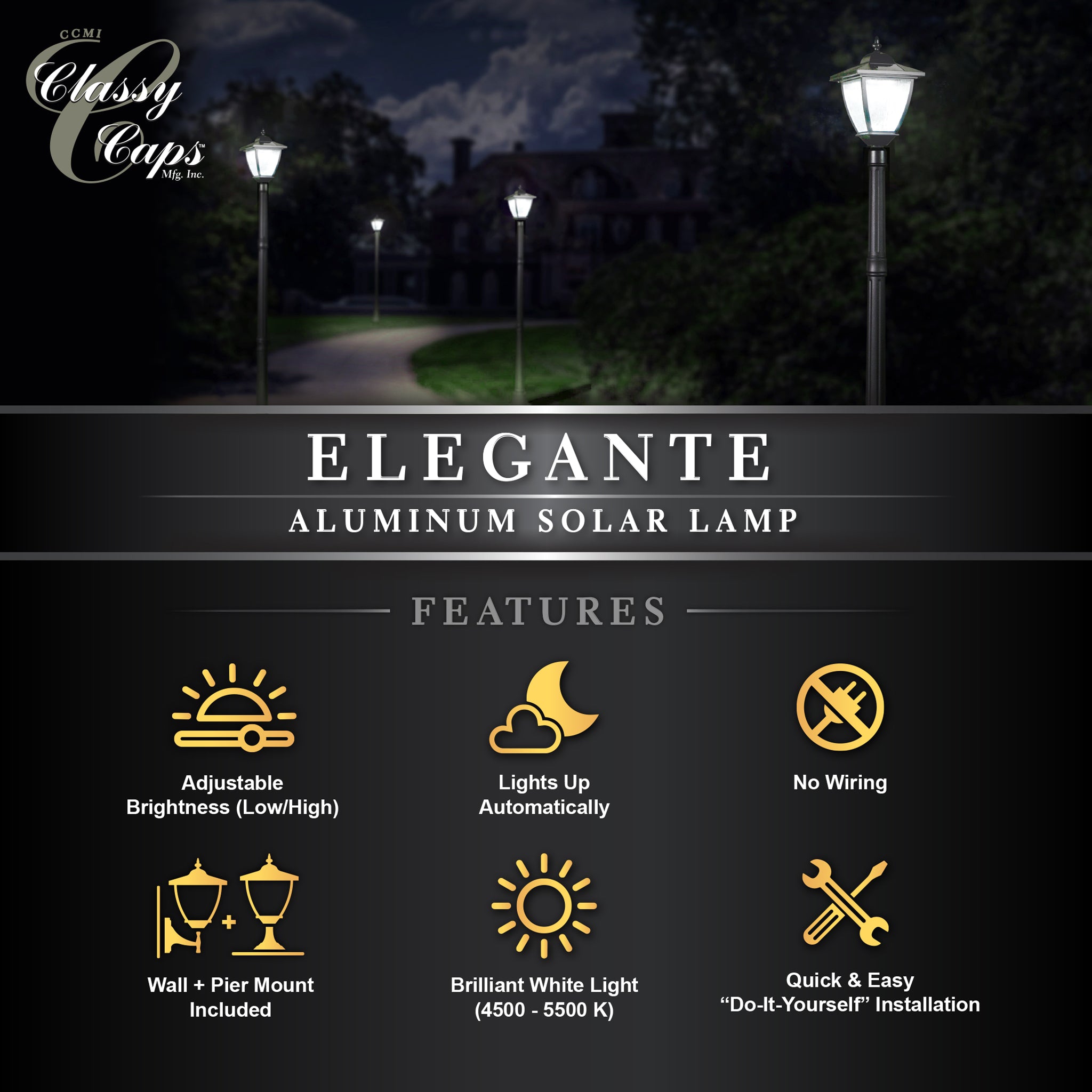 Lámpara solar elegante de aluminio negro