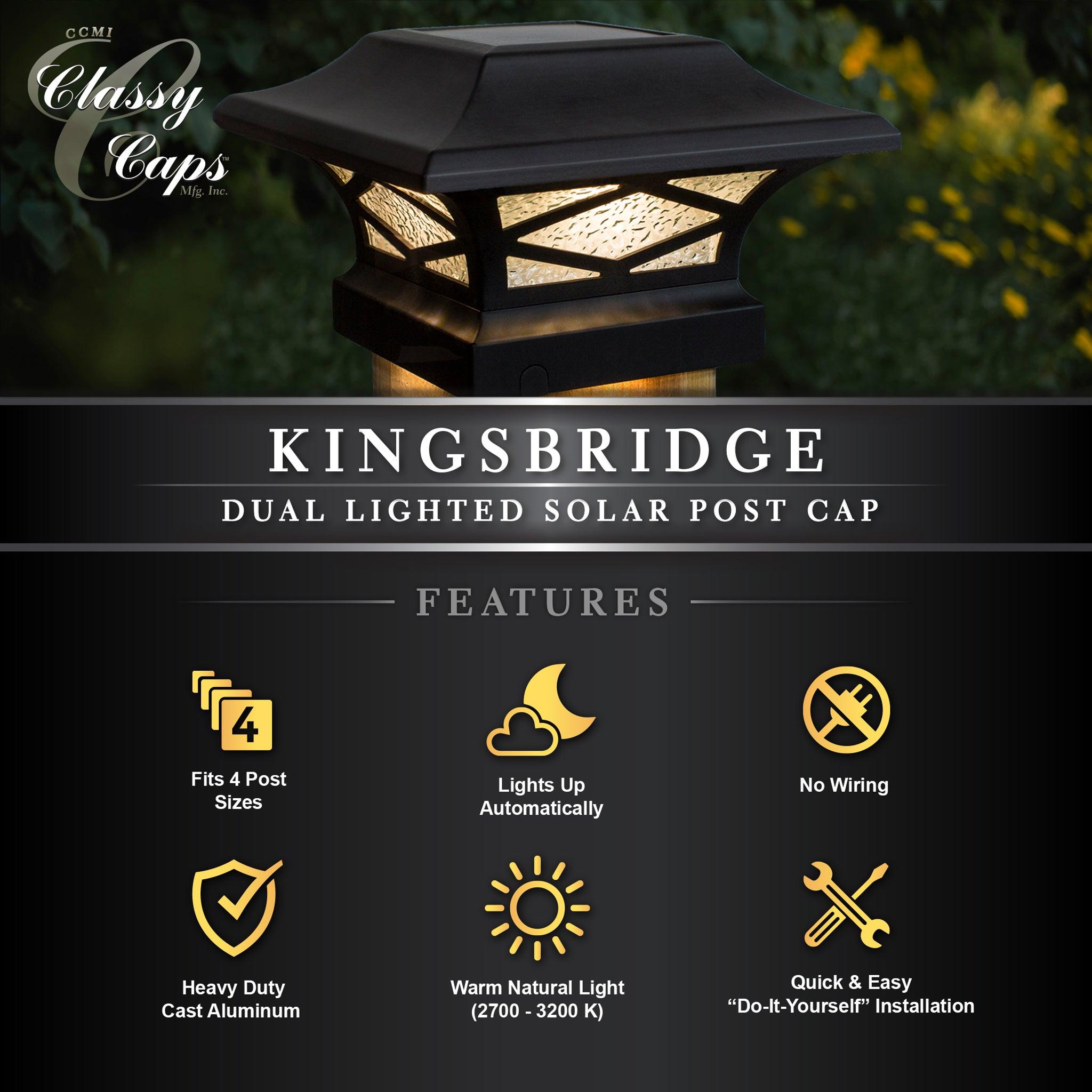 Kingsbridge Dual Lighted Solar Post Cap - Black - Classy Caps Mfg. Inc.
