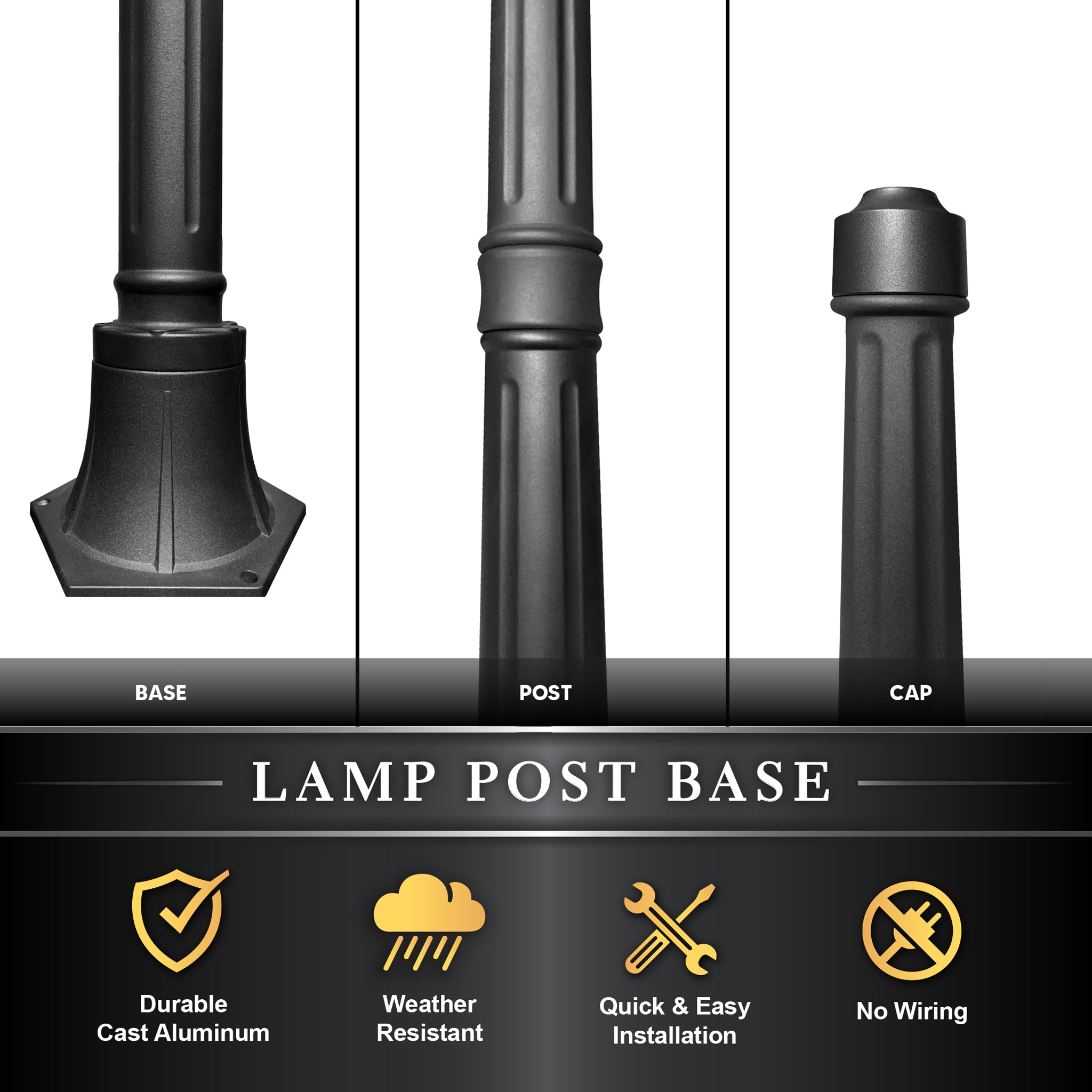 Lámpara solar Hampton de aluminio negro con base de poste de luz