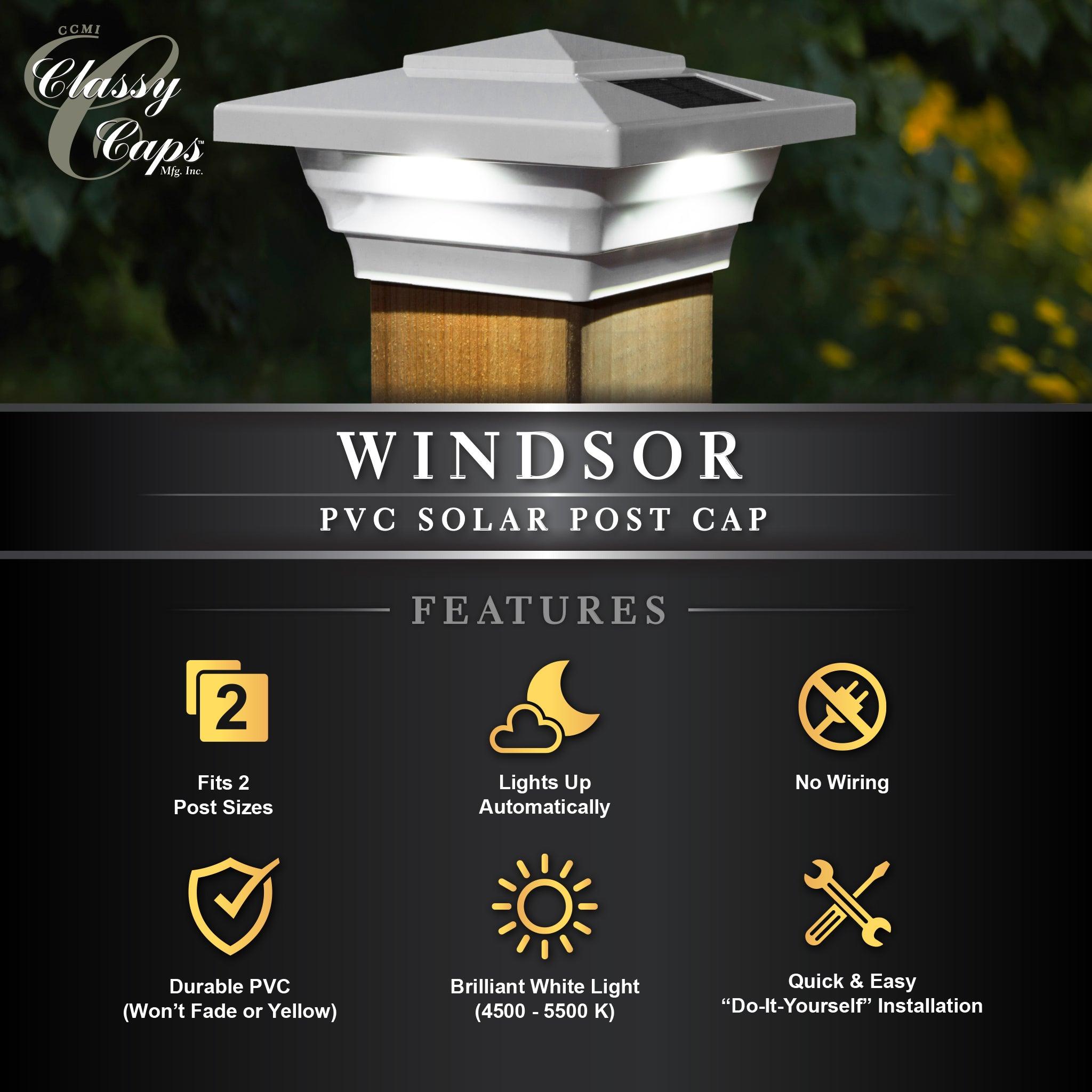 Windsor Solar Post Cap - White With 5"x5" Adaptor - Classy Caps Mfg. Inc.