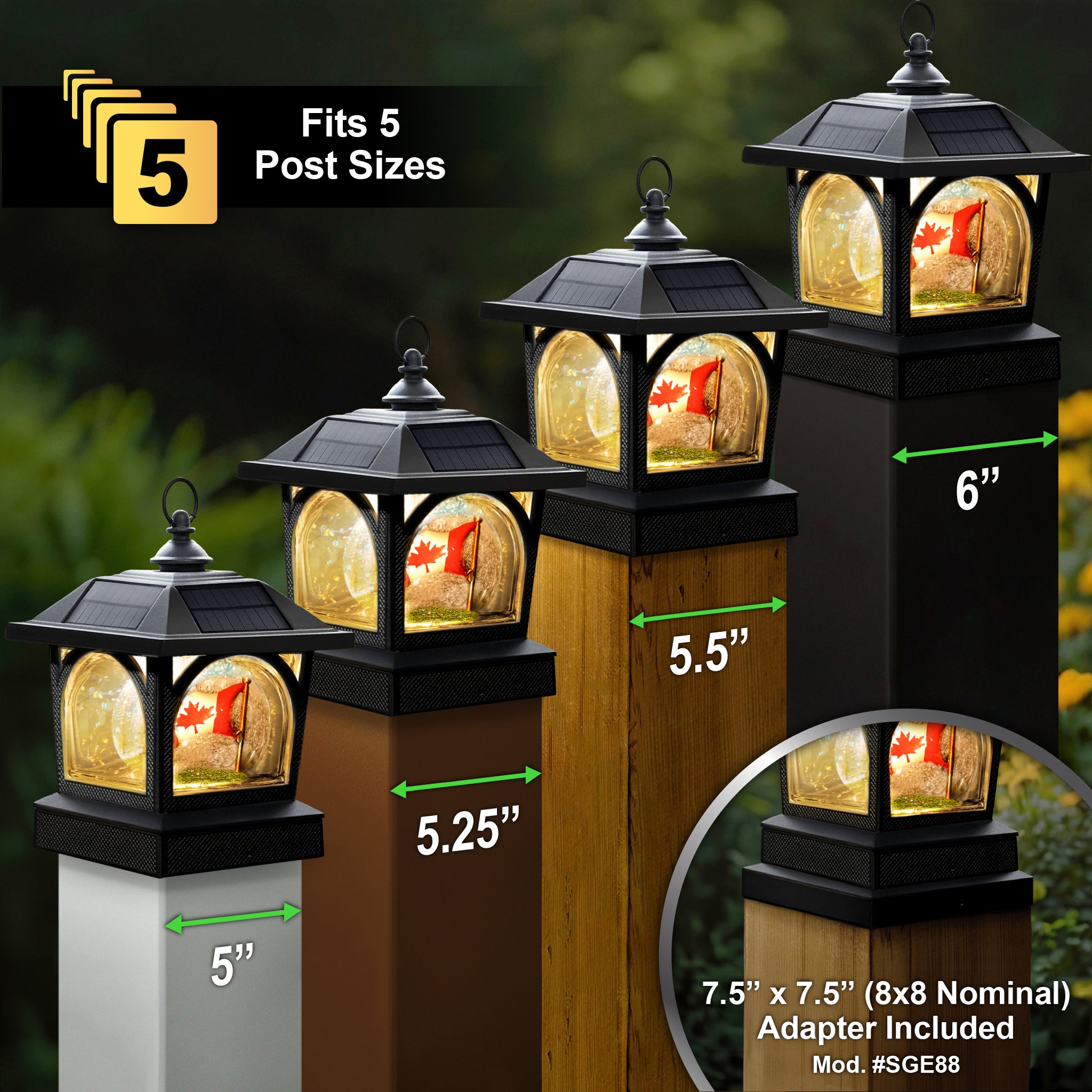 Solar Canadian Patriot Table Lantern/Post Cap with 7.5”x7.5” Base Adapter/Surface Mount