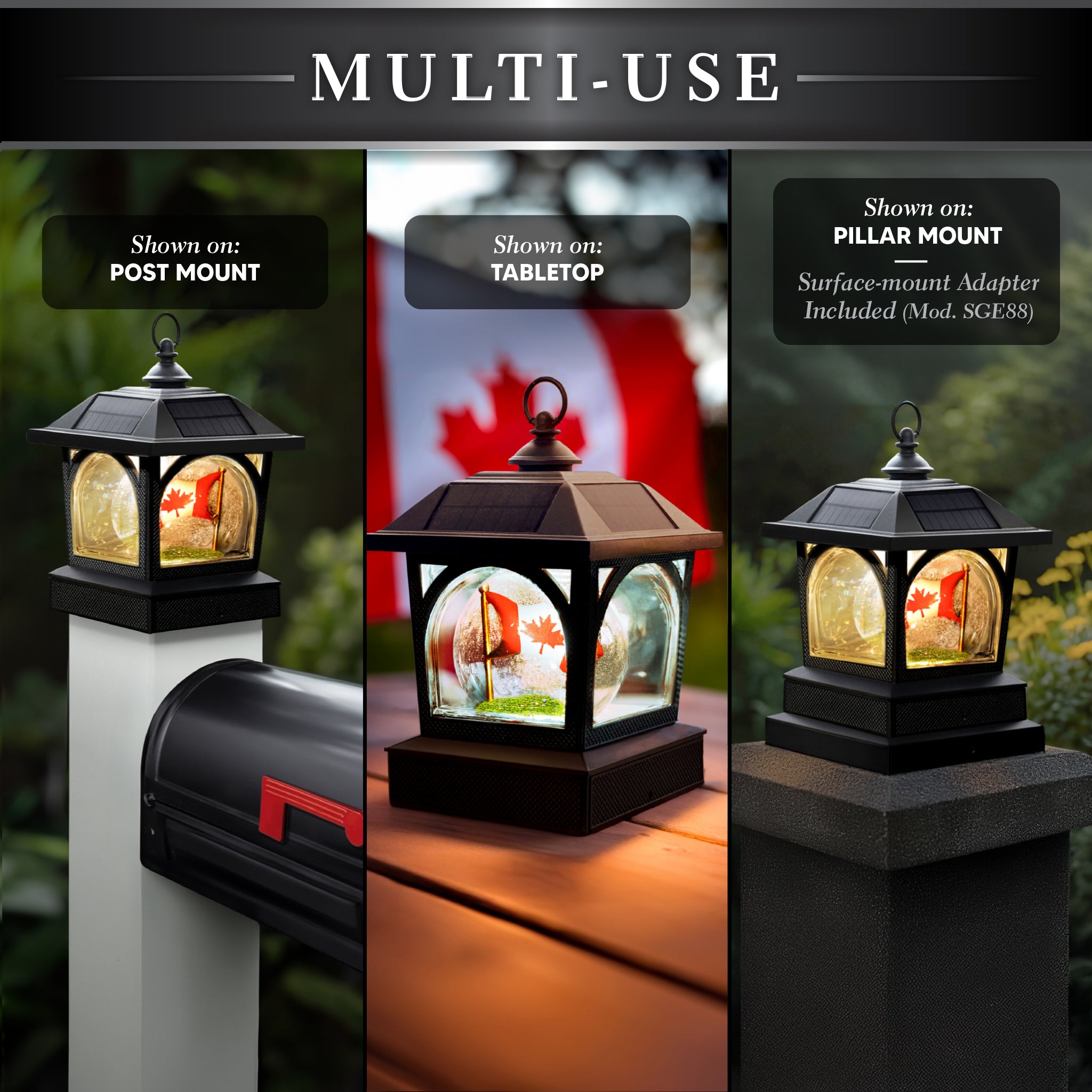 Solar Canadian Patriot Table Lantern/Post Cap with 7.5”x7.5” Base Adapter/Surface Mount