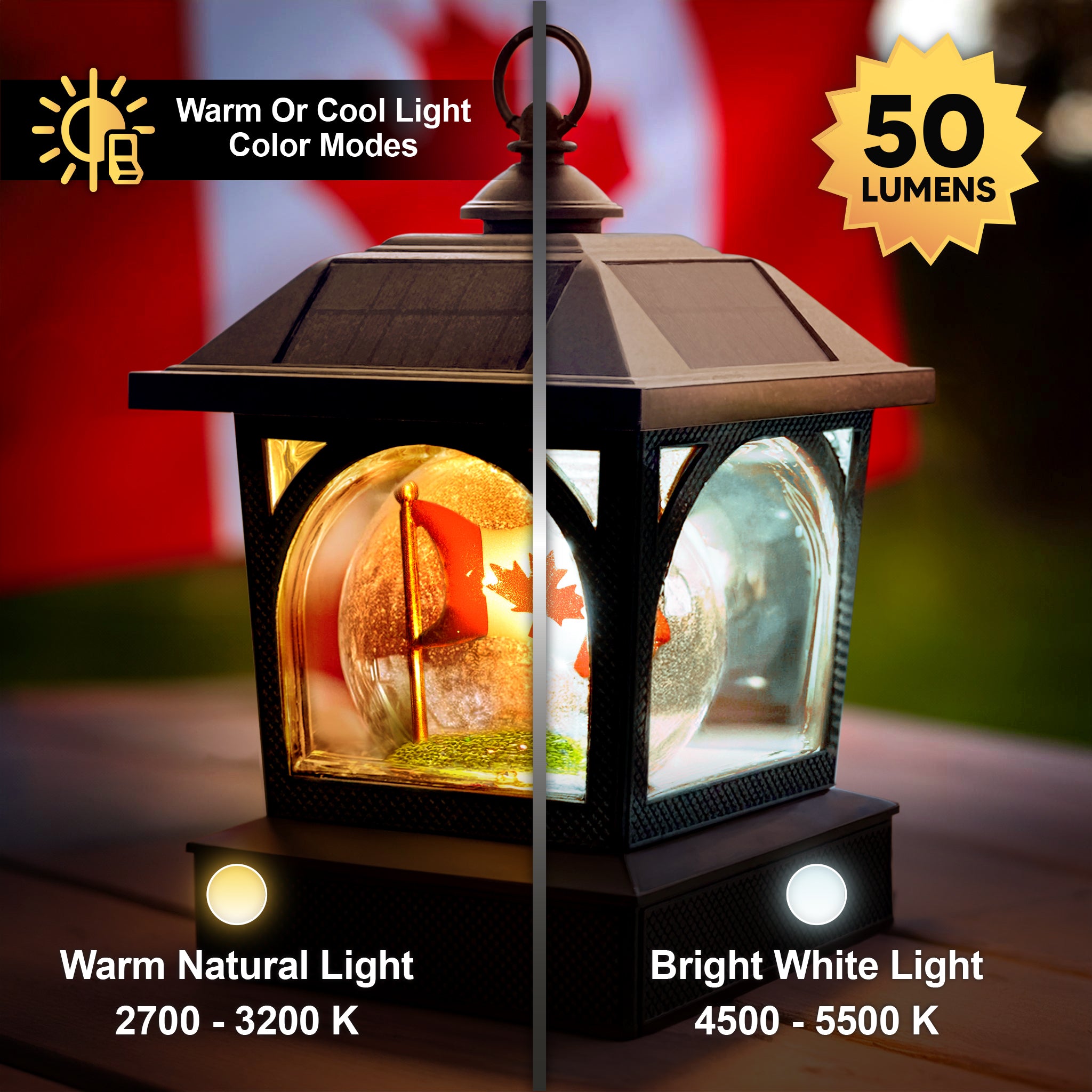 Solar Canadian Patriot Table Lantern/Post Cap with 7.5”x7.5” Base Adapter/Surface Mount