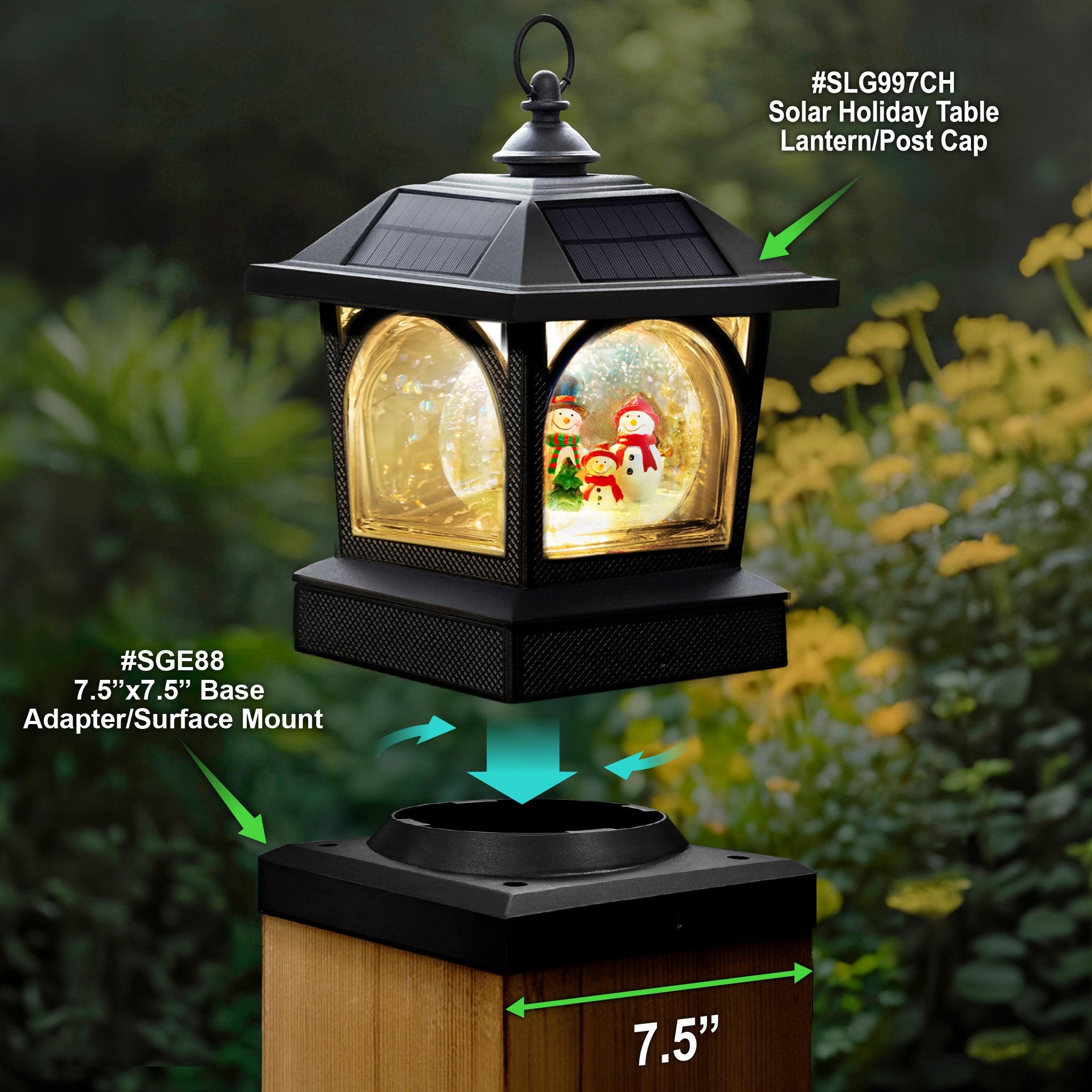 Solar Holiday Table Lantern/Post Cap with 7.5”x7.5” Base Adapter/Surface Mount