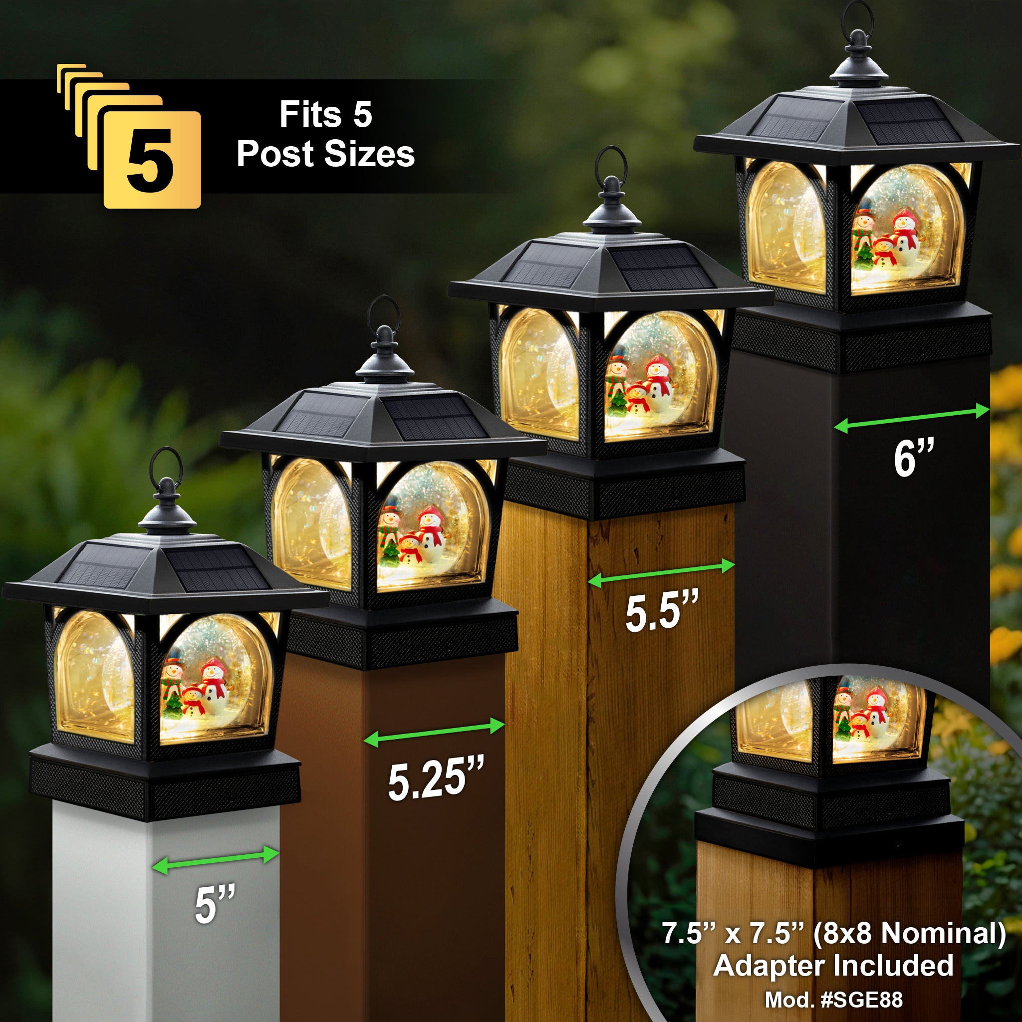 Solar Holiday Table Lantern/Post Cap with 7.5”x7.5” Base Adapter/Surface Mount