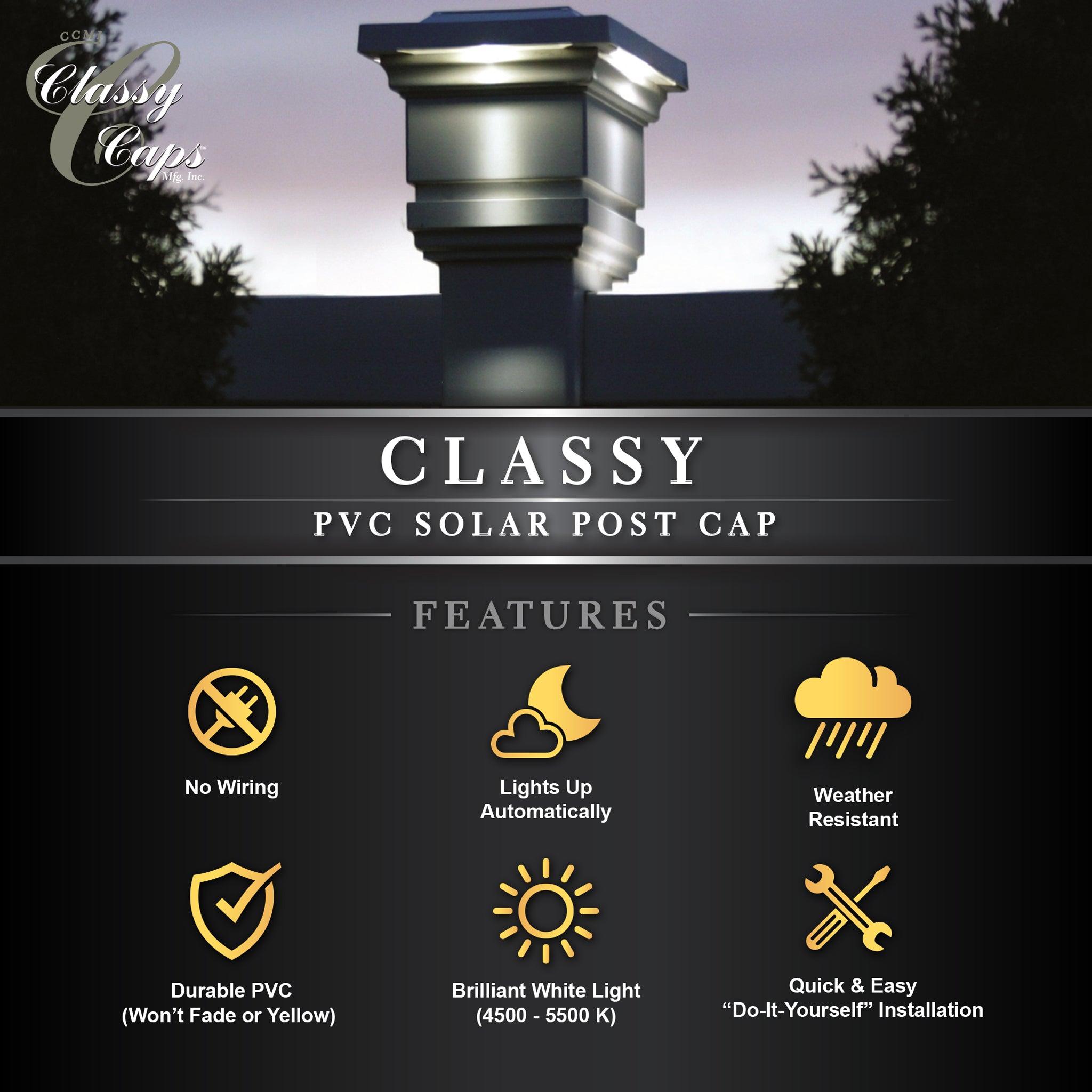 Classy Solar Post Cap - White With 3.5"x3.5" Adaptor - Classy Caps Mfg. Inc.