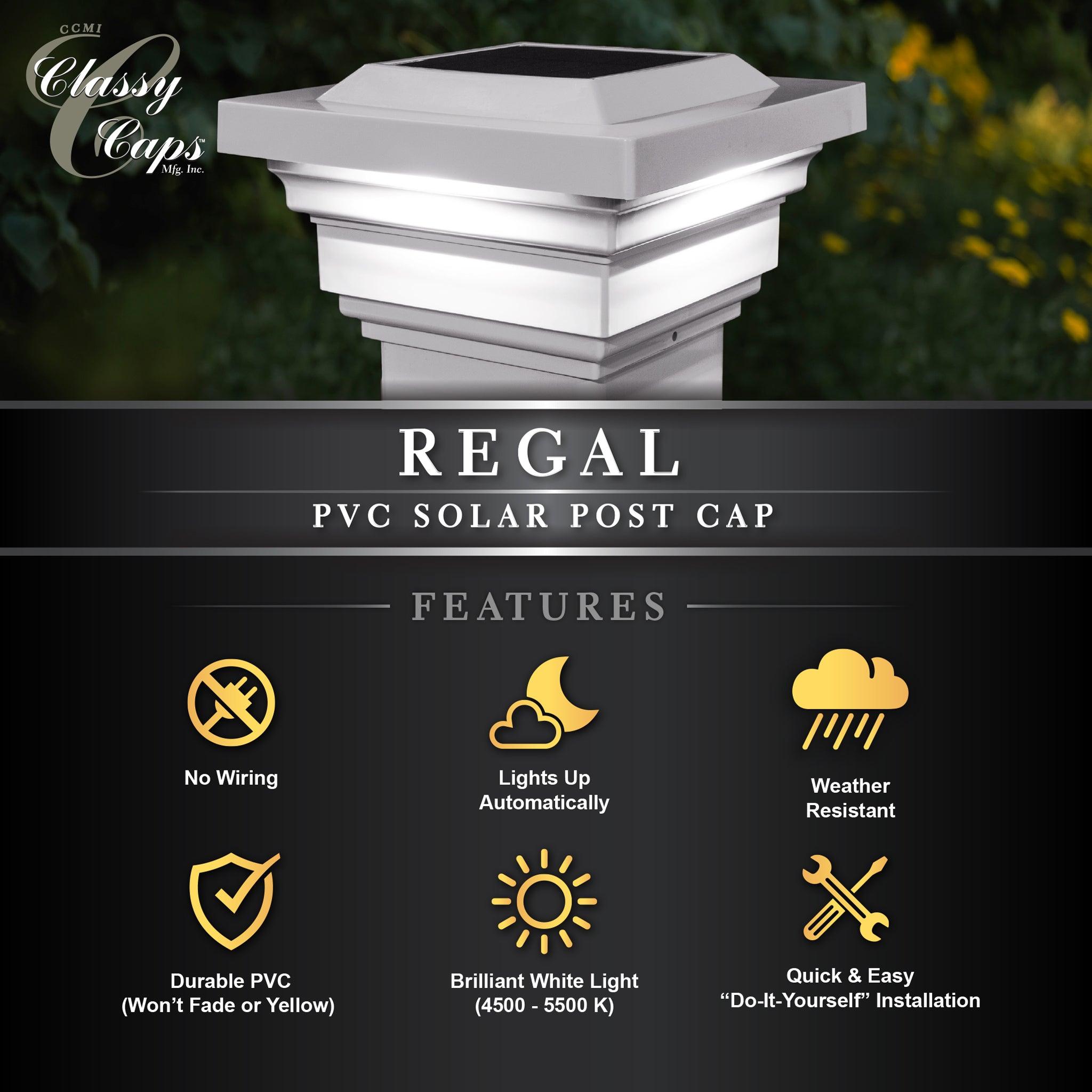 Regal Solar Post Cap - White With 5"x5" Adaptor - Classy Caps Mfg. Inc.