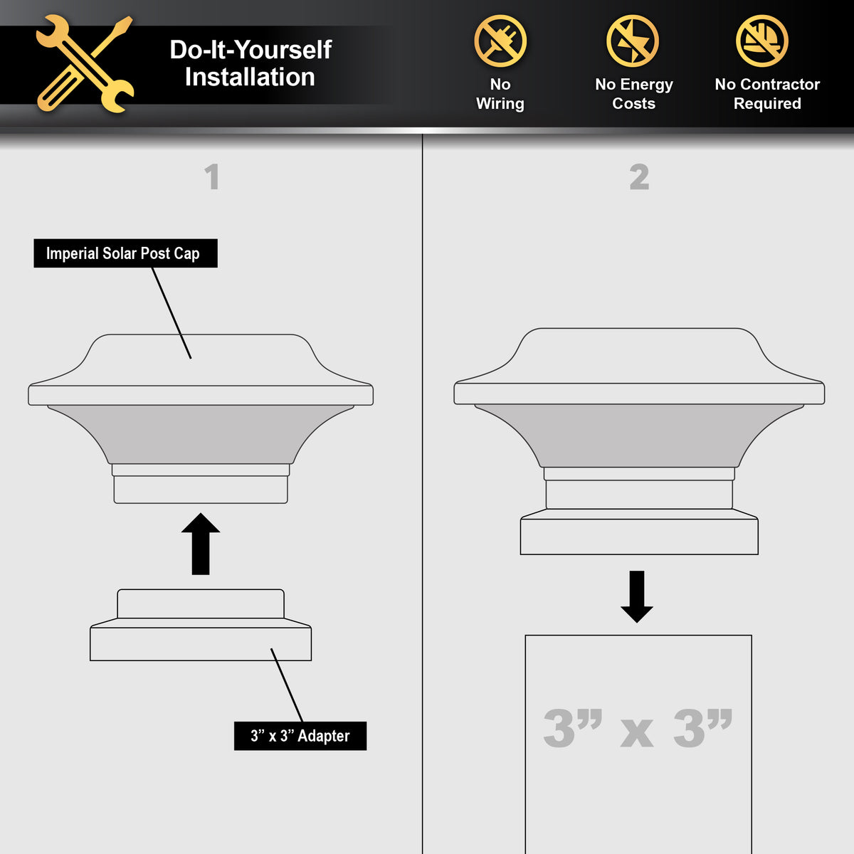 Tapa de poste solar imperial - Negro con adaptador de 3"x3"
