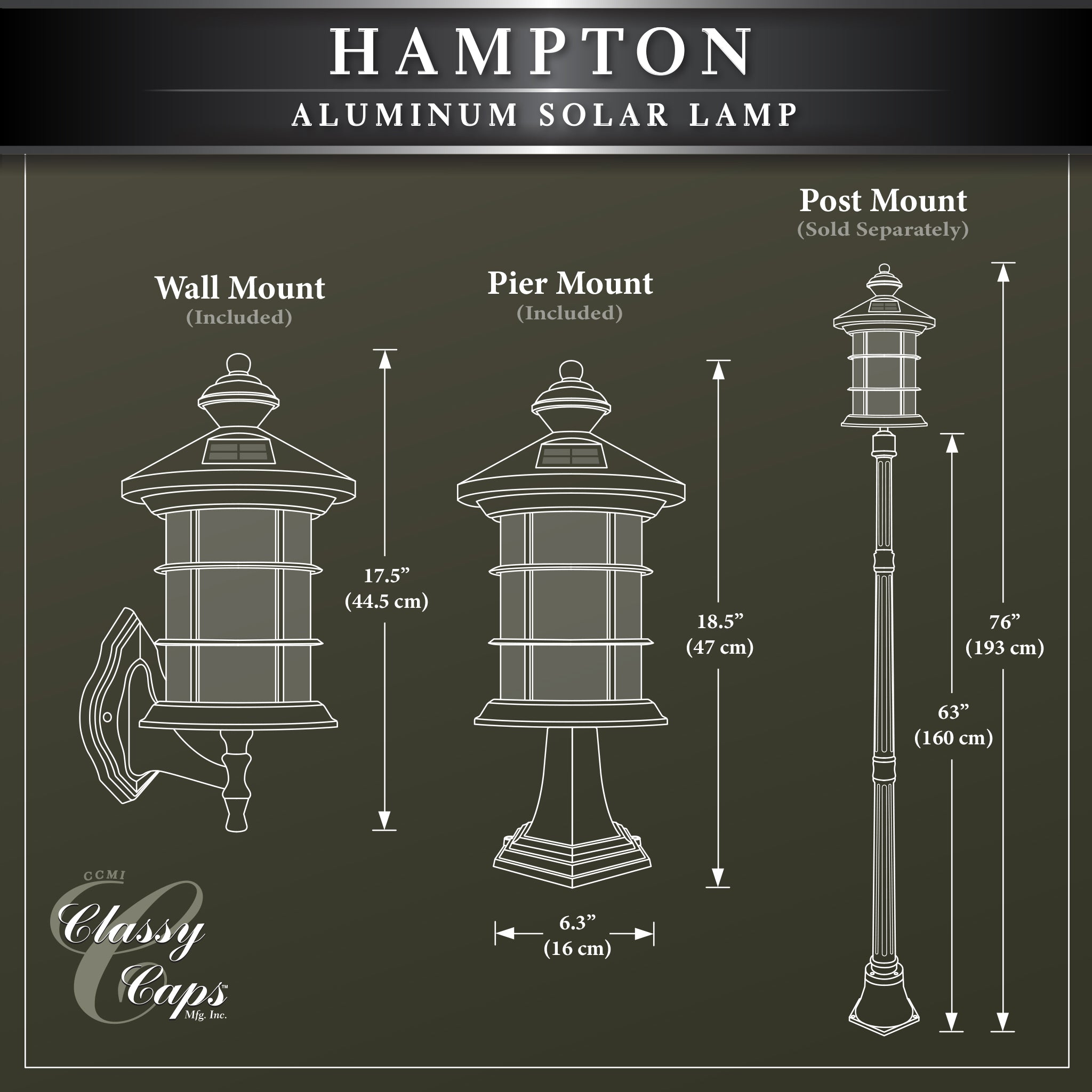 Lámpara solar Hampton de aluminio negro con base de poste de luz