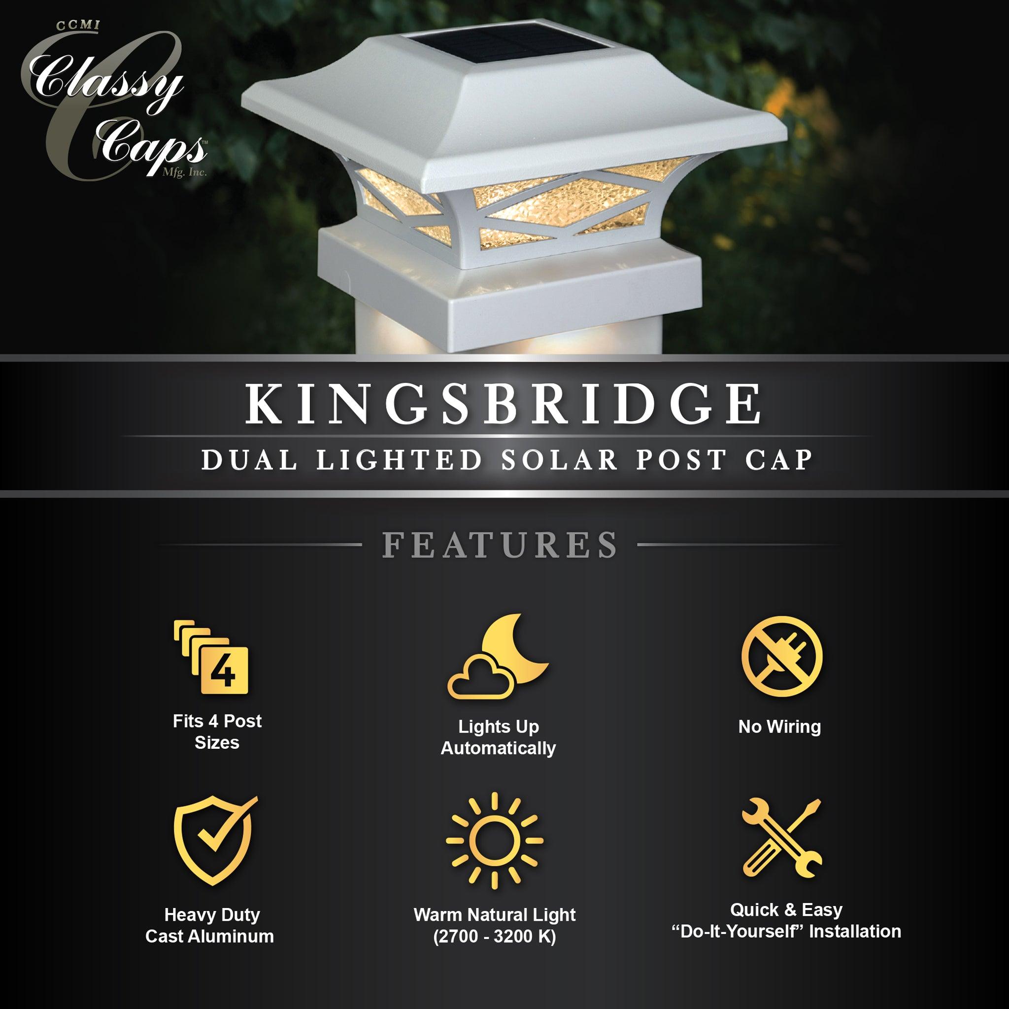 Kingsbridge Dual Lighted Solar Post Cap - White - Classy Caps Mfg. Inc.
